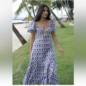 Zara Blue and Cream Floral Maxi Dress